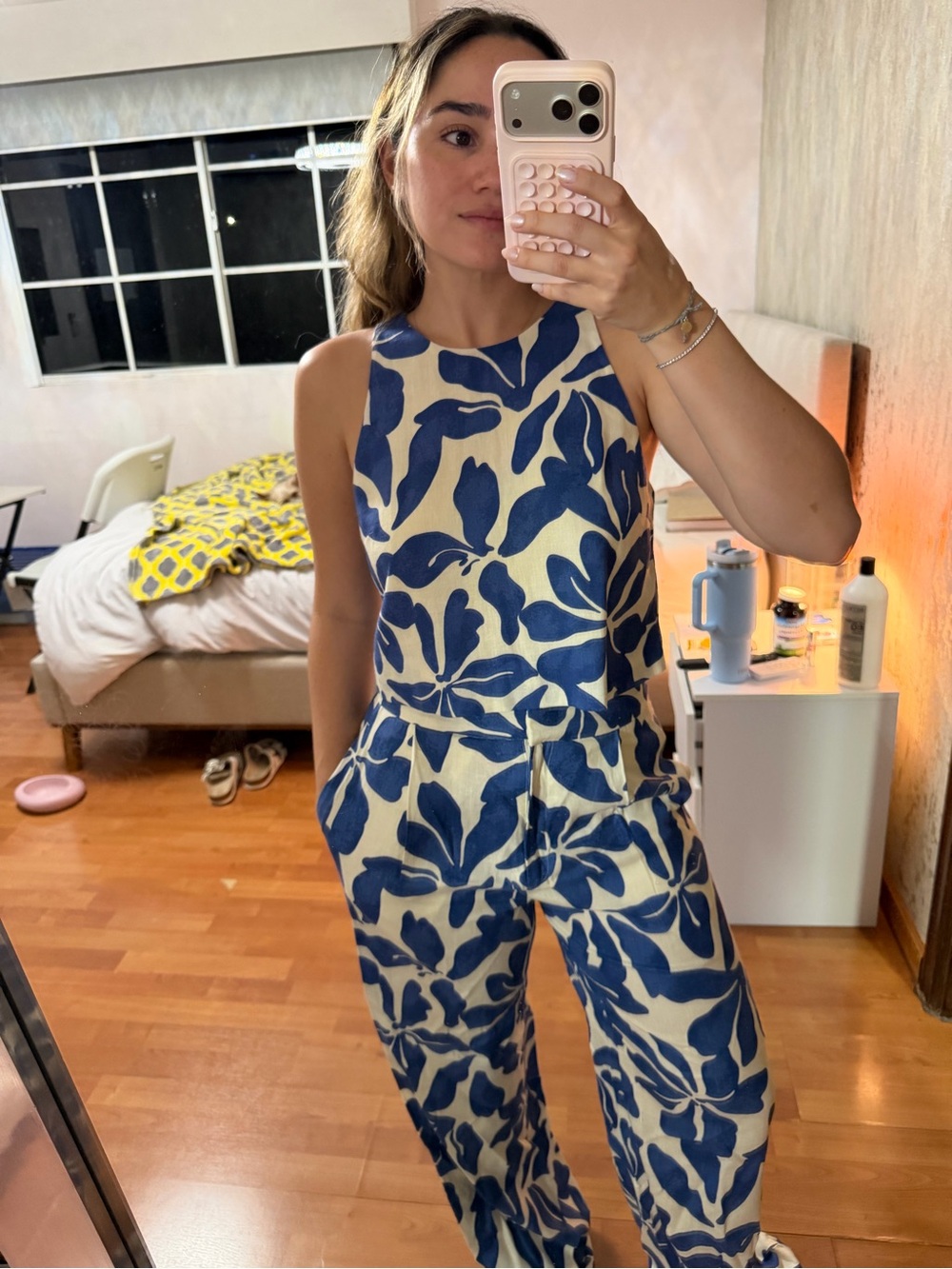 Mango Blue and Cream Floral Sleeveless Jumpsuit
